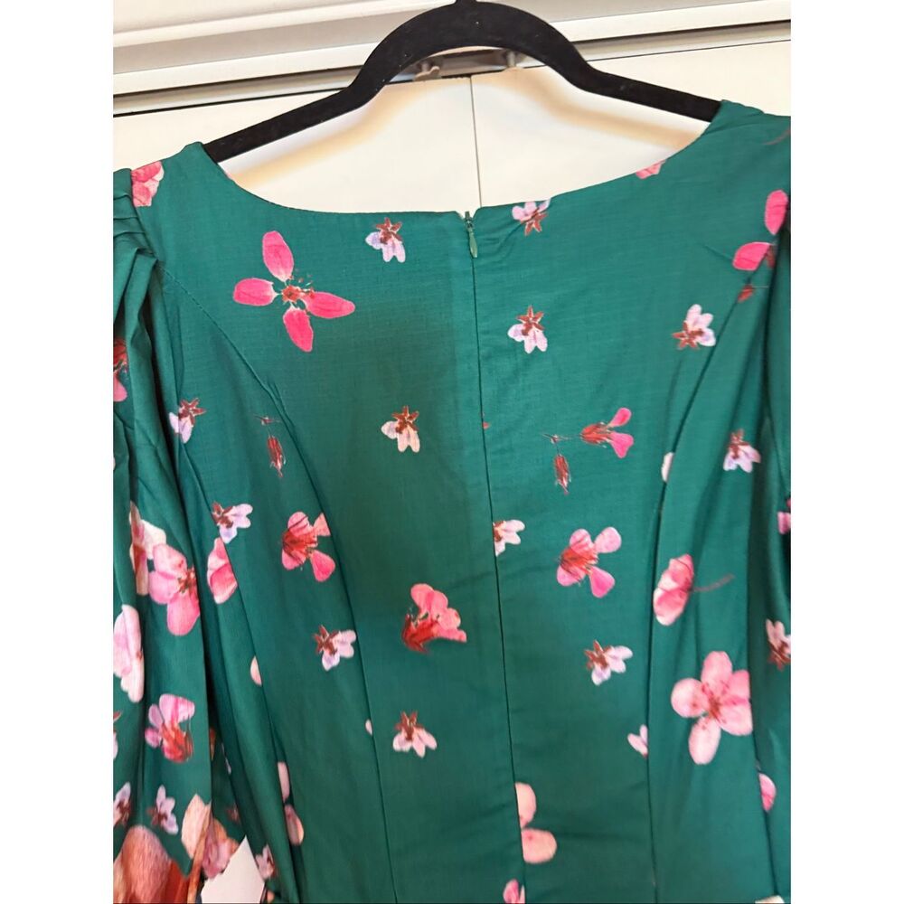 Dahlia Macphee NWT cascading floral green puff sleeve dress M - Picture 9 of 11